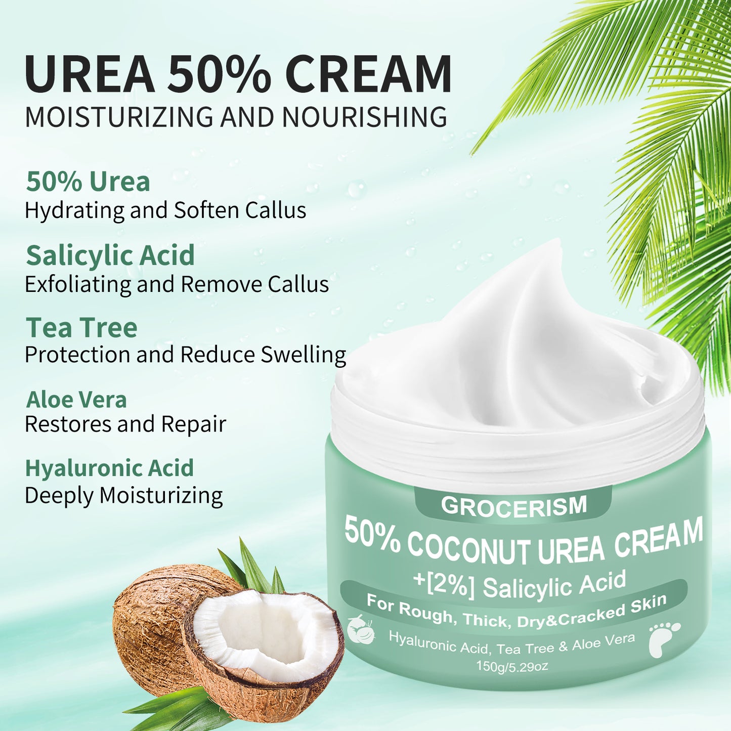 50% Urea Cream for Feet Maximum Strength (with Coconut and 2% salicylic acid), foot and hand cream with hyaluronic acid, tea tree and aloe vera for deep moisturizing and callus removal
