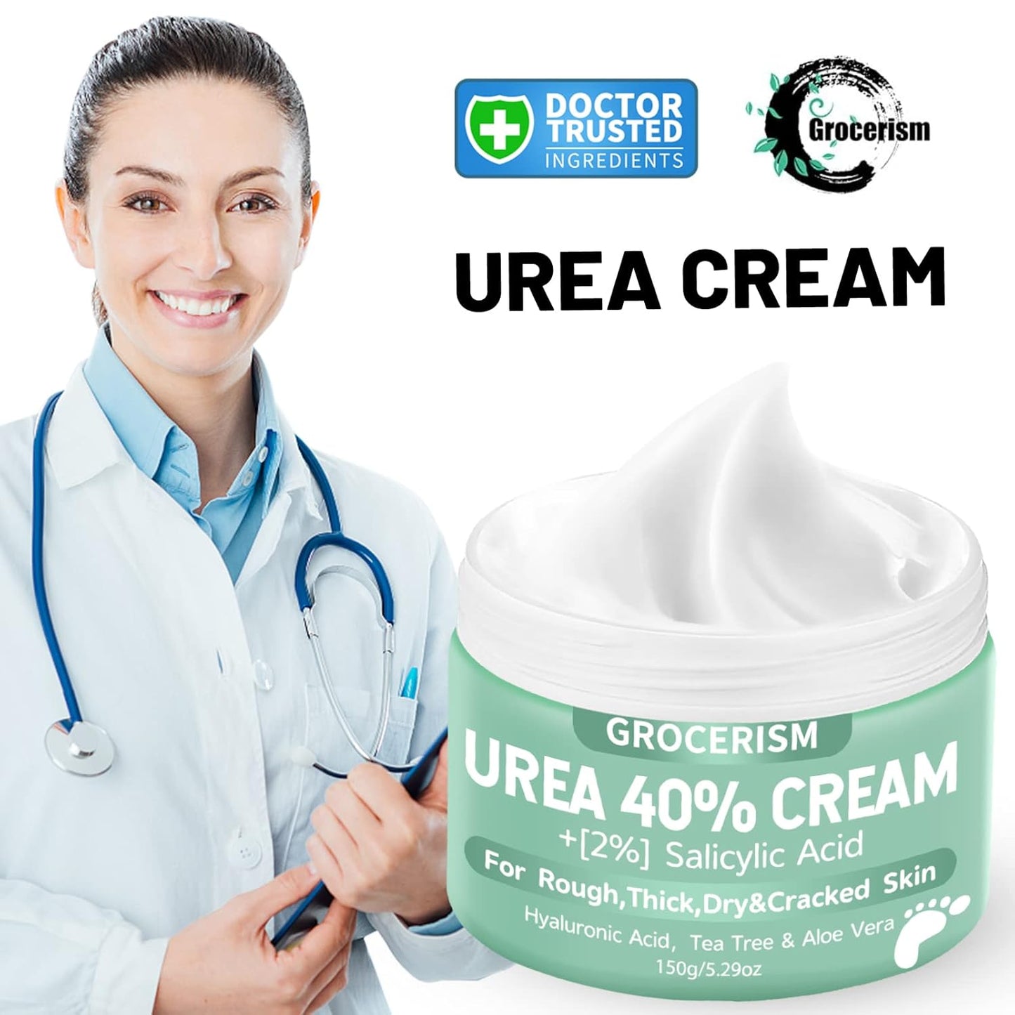 Grocerism Urea 40% Cream for Feet with 2% Salicylic Acid, Thick & Dry, Callus Remover, Hand Cream with Hyaluronic Acid, Tea Tree & Aloe Vera, 5.29 oz