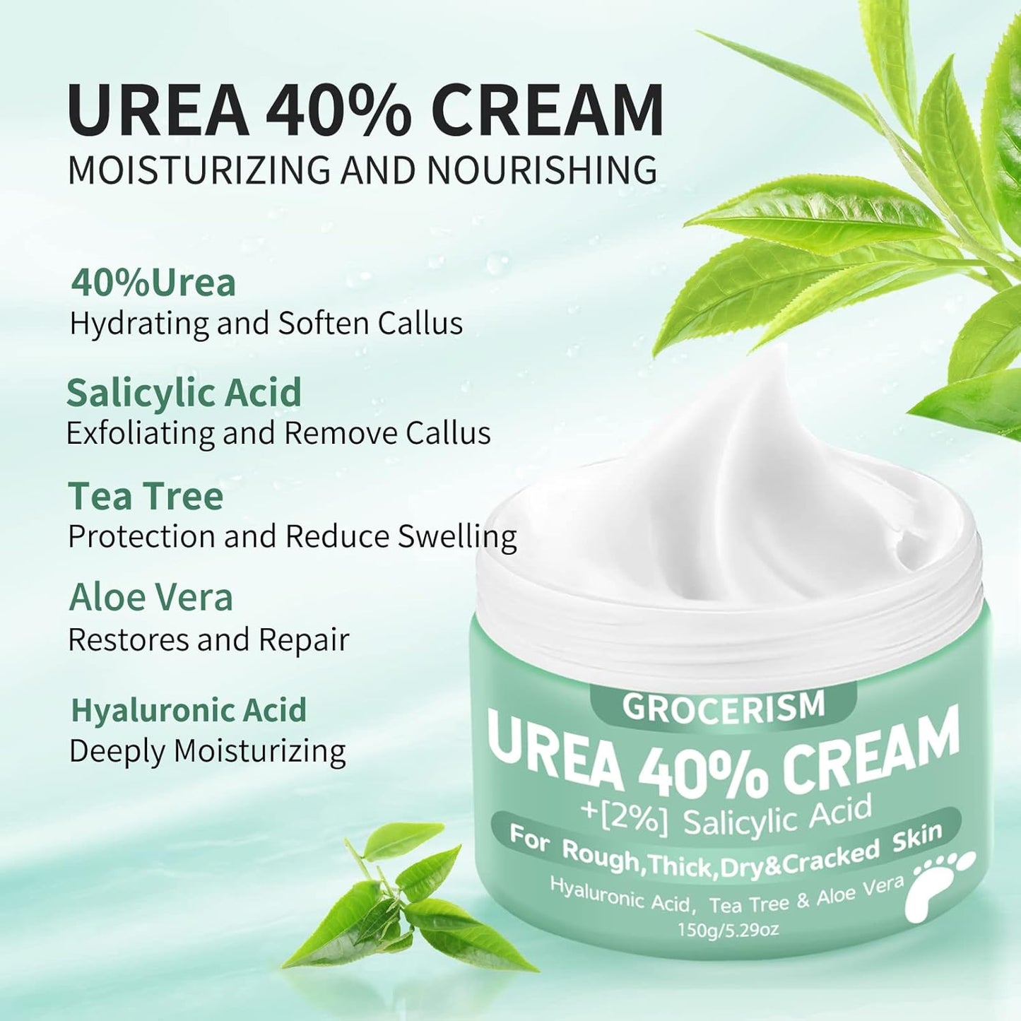 Grocerism Urea 40% Cream for Feet with 2% Salicylic Acid, Thick & Dry, Callus Remover, Hand Cream with Hyaluronic Acid, Tea Tree & Aloe Vera, 5.29 oz