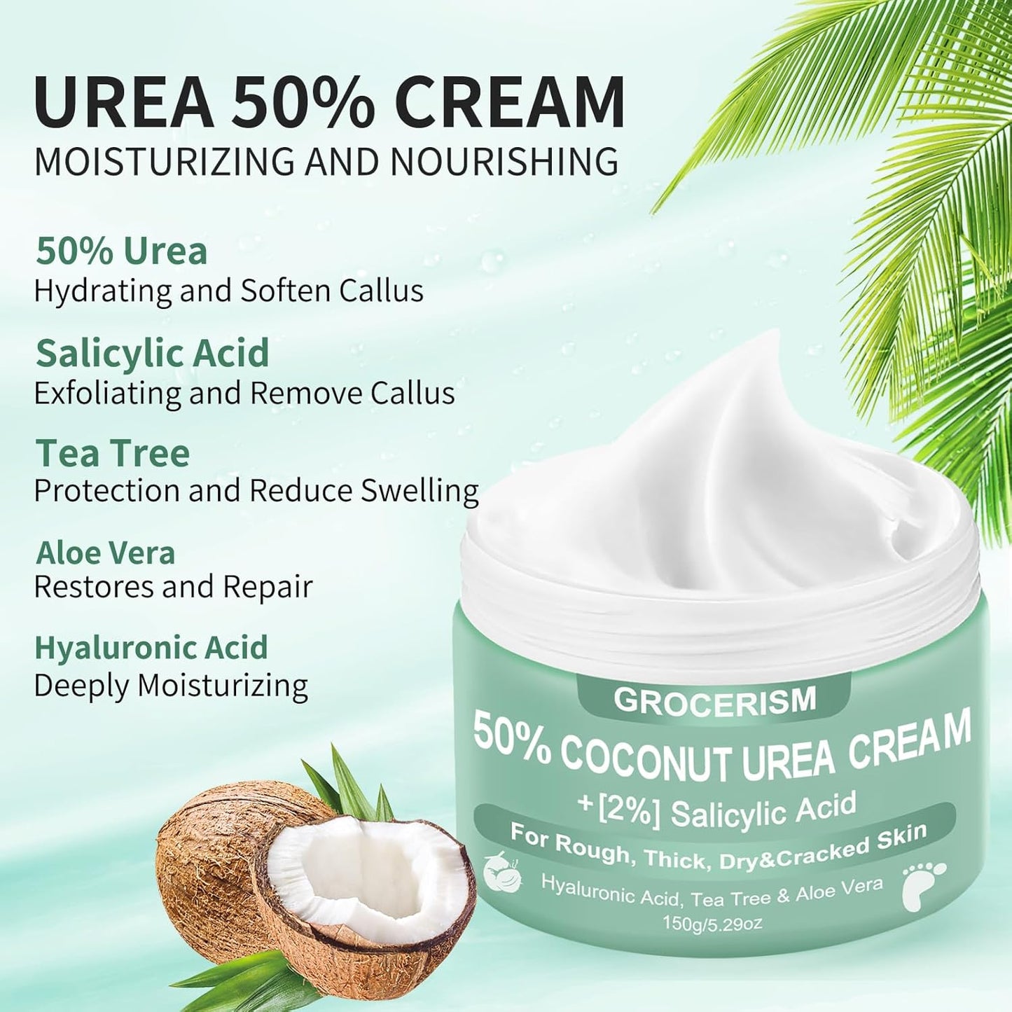 Grocerism 50% Coconut Urea + 2% Salicylic Acid Cream - Callus Removing & Crack Healing for Feet & Hands - Foot & Hand Cream - 5.29oz
