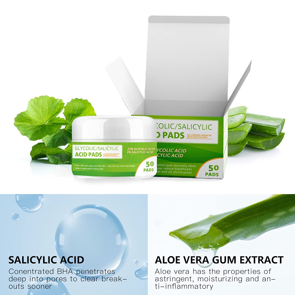Grocerism 20% Glycolic Acid Pads with 2% Salicylic Acid, Hyaluronic Acid & Aloe Vera - Facial Exfoliating Pads for Deep Cleaning - 50 Count