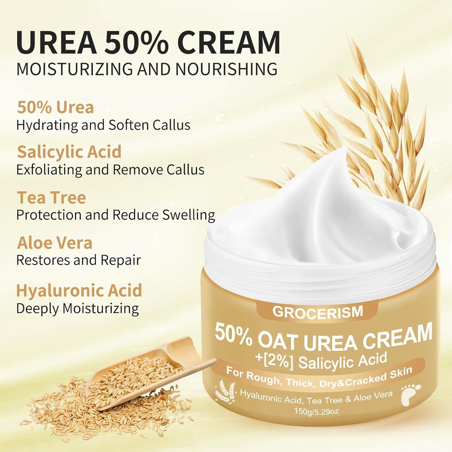 Grocerism 50% Oat-Urea Cream with Hyaluronic Acid & Aloe Vera - Intensive Repair for Foot & Hand, Hydrates, Removes Calluses & Heals Cracked Heels - 5.29oz