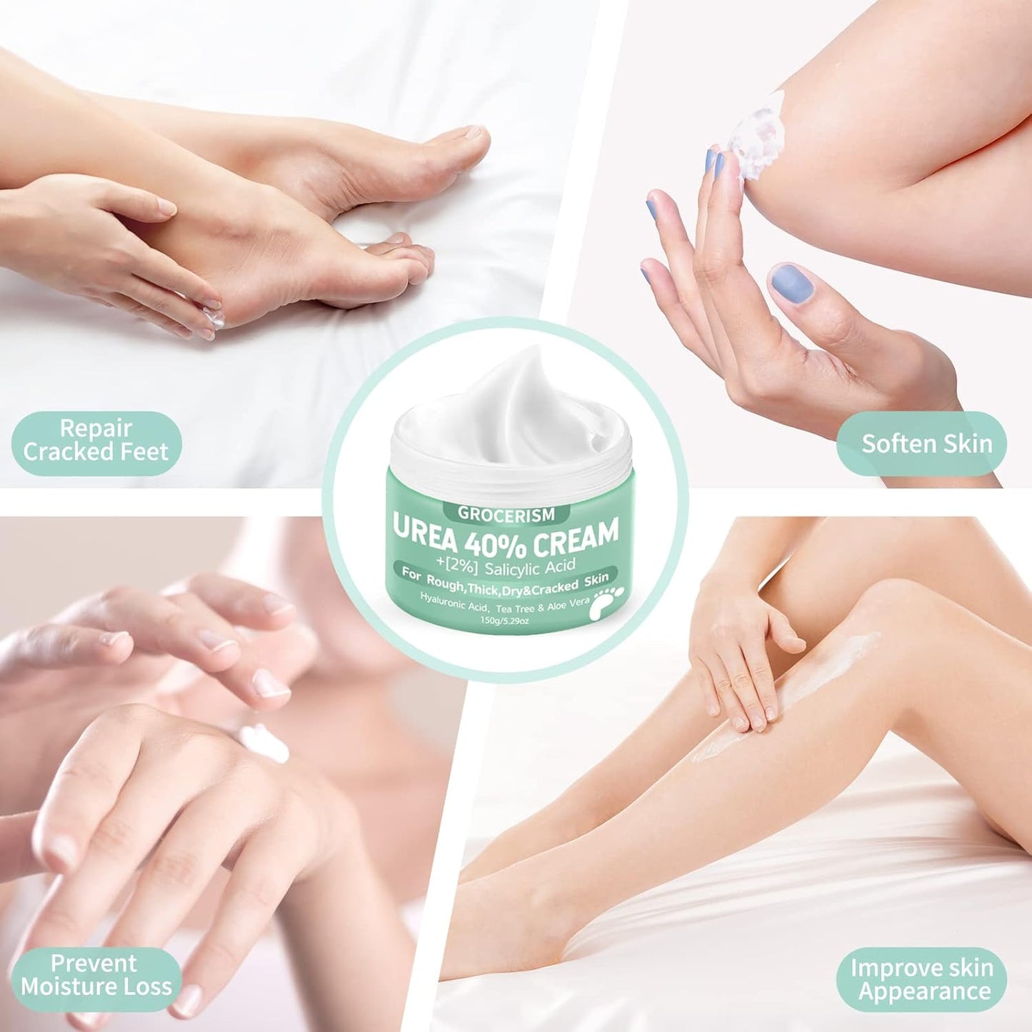Grocerism Urea 40% Cream for Feet with 2% Salicylic Acid, Thick & Dry, Callus Remover, Hand Cream with Hyaluronic Acid, Tea Tree & Aloe Vera, 5.29 oz