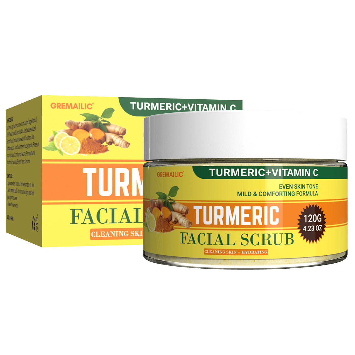GREMAILIC Turmeric Vitamin C Facial Sea Salt Scrub Cream Organics Microdermabrasion Facial Scrub Exfoliating Clears Blackheads Improve Dark Spot Acne with Aloe leaf Extract 120g/4.23oz