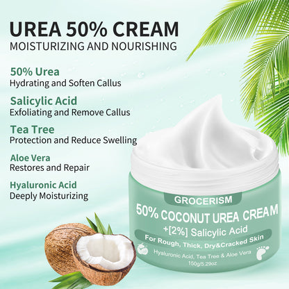 50% Urea Cream for Feet Maximum Strength (with Coconut and 2% salicylic acid), foot and hand cream with hyaluronic acid, tea tree and aloe vera for deep moisturizing and callus removal