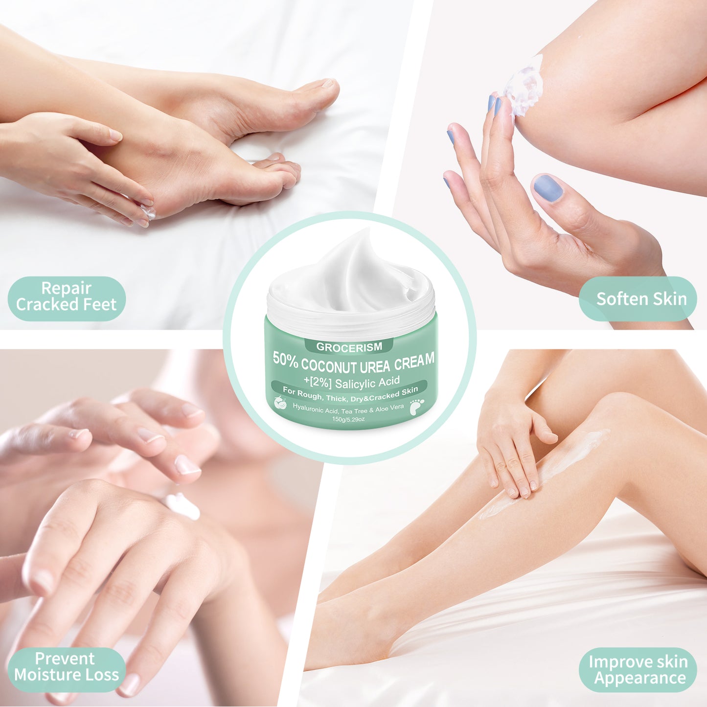 50% Urea Cream for Feet Maximum Strength (with Coconut and 2% salicylic acid), foot and hand cream with hyaluronic acid, tea tree and aloe vera for deep moisturizing and callus removal