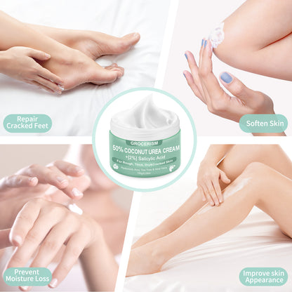 50% Urea Cream for Feet Maximum Strength (with Coconut and 2% salicylic acid), foot and hand cream with hyaluronic acid, tea tree and aloe vera for deep moisturizing and callus removal