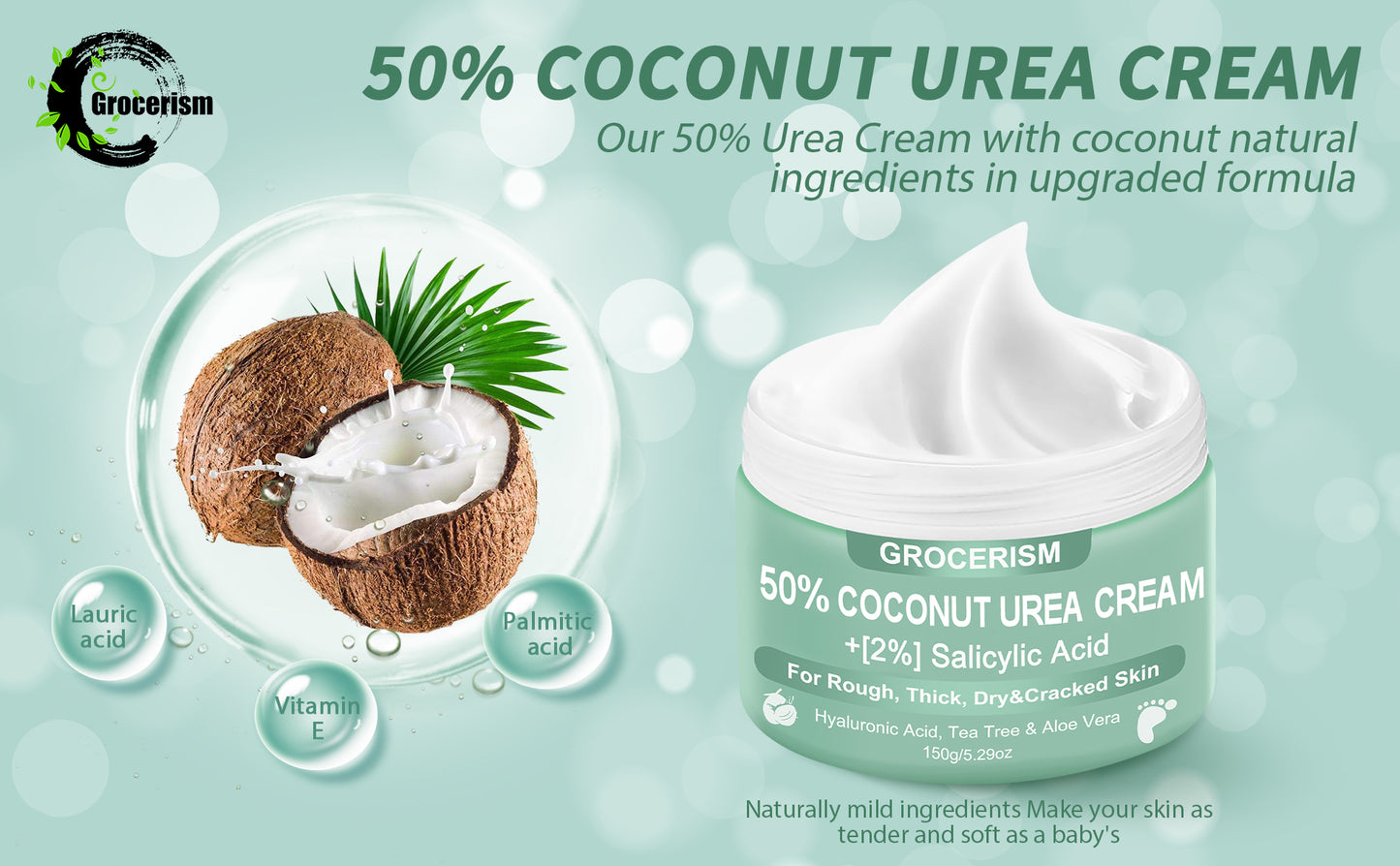 50% Urea Cream for Feet Maximum Strength (with Coconut and 2% salicylic acid), foot and hand cream with hyaluronic acid, tea tree and aloe vera for deep moisturizing and callus removal
