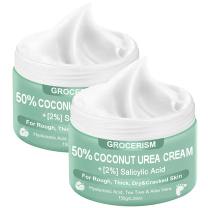 Grocerism 50% Coconut Urea + 2% Salicylic Acid Cream - Callus Removing & Crack Healing for Feet & Hands - Foot & Hand Cream - 5.29oz