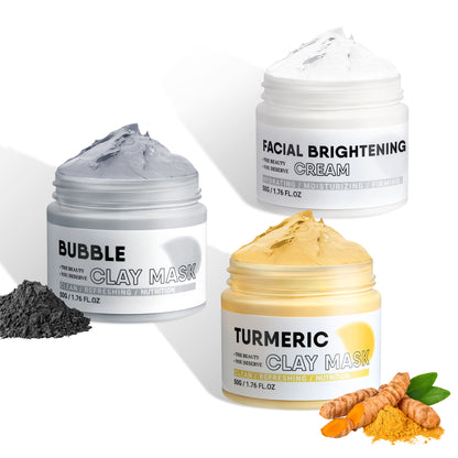 Grocerism Facial Clay Mask Set-Turmeric Clay Mask, Bubble Clay Mask & Facial Brightening Cream with Vitamin C for Pore Cleansing, Dark Spots & Brightening