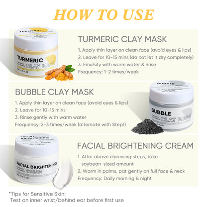 Grocerism Facial Clay Mask Set-Turmeric Clay Mask, Bubble Clay Mask & Facial Brightening Cream with Vitamin C for Pore Cleansing, Dark Spots & Brightening