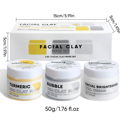 Grocerism Facial Clay Mask Set-Turmeric Clay Mask, Bubble Clay Mask & Facial Brightening Cream with Vitamin C for Pore Cleansing, Dark Spots & Brightening