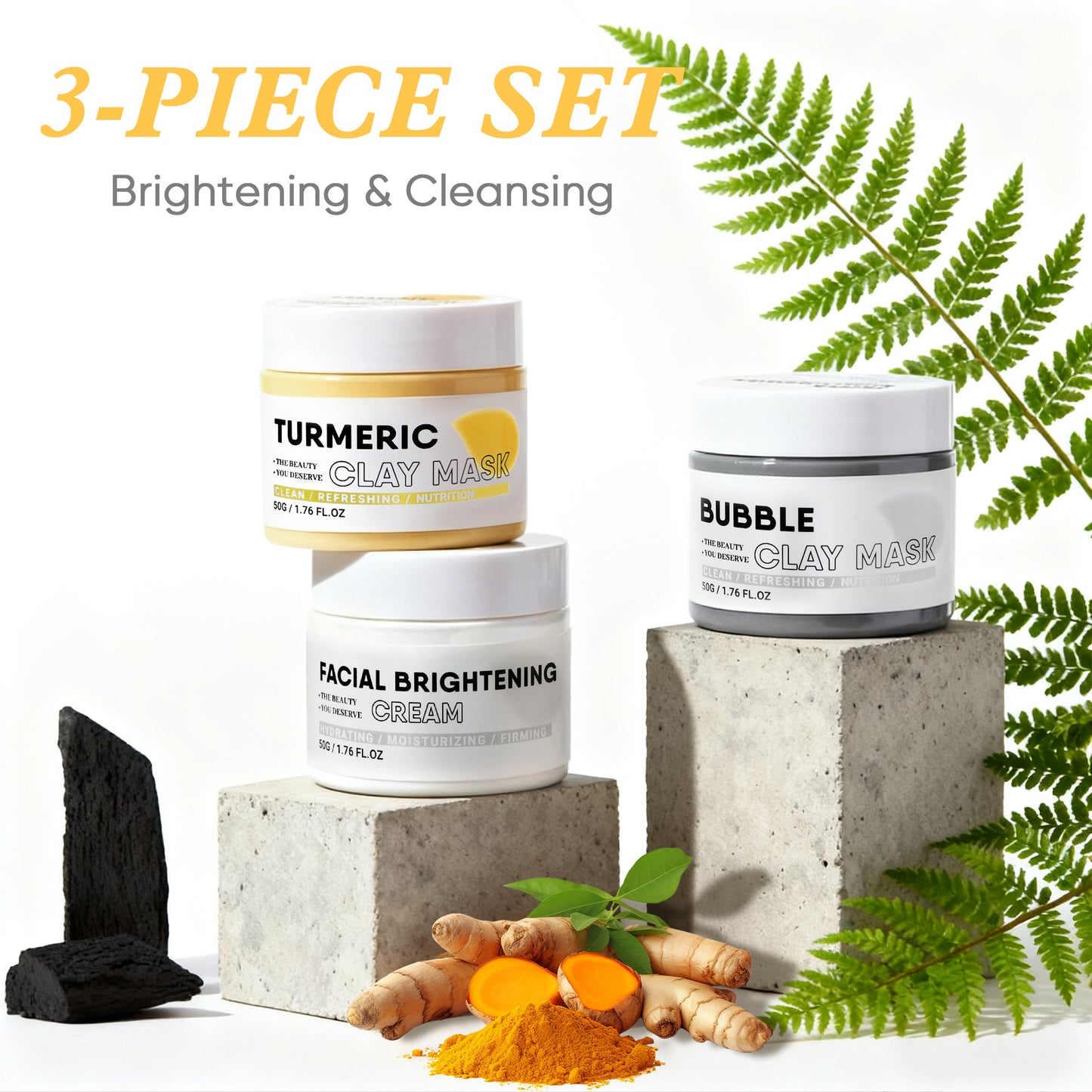 Grocerism Facial Clay Mask Set-Turmeric Clay Mask, Bubble Clay Mask & Facial Brightening Cream with Vitamin C for Pore Cleansing, Dark Spots & Brightening