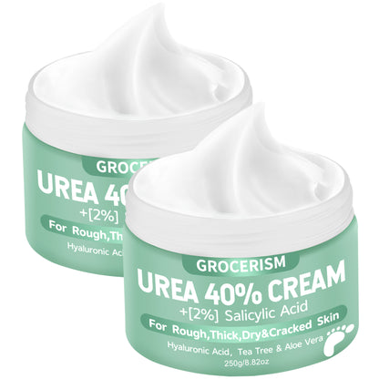 Grocerism Urea 40% Cream for Feet with 2% Salicylic Acid, Thick & Dry, Callus Remover, Hand Cream with Hyaluronic Acid, Tea Tree & Aloe Vera, 5.29 oz