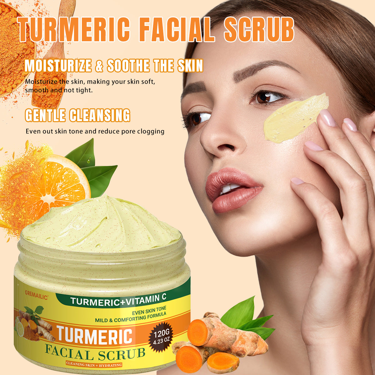GREMAILIC Turmeric Vitamin C Facial Sea Salt Scrub Cream Organics Microdermabrasion Facial Scrub Exfoliating Clears Blackheads Improve Dark Spot Acne with Aloe leaf Extract 120g/4.23oz
