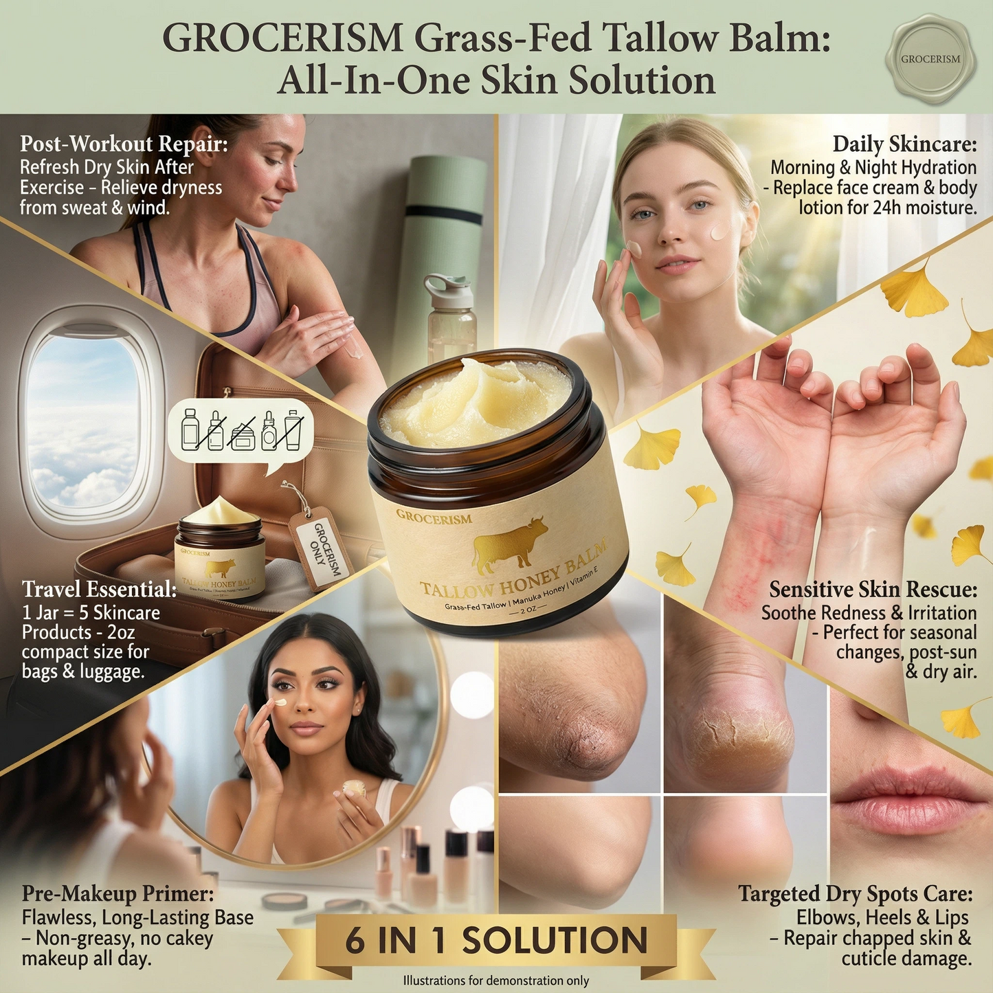Grocerism Grass-Fed Tallow Balm - Organic Multi-Purpose Face & Body Butter for Sensitive Skin - Non-Greasy, Non-Comedogenic (2oz)