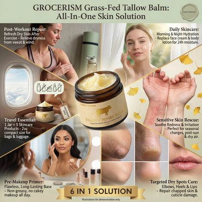 Grocerism Grass-Fed Tallow Balm - Organic Multi-Purpose Face & Body Butter for Sensitive Skin - Non-Greasy, Non-Comedogenic (2oz)