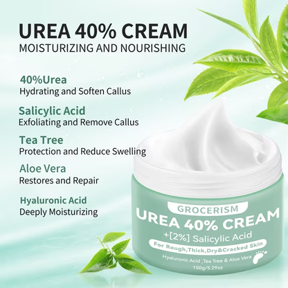 2 Packs Urea Cream 40 Plus Salicylic Acid 5.30 oz || Foot Cream and Hand Cream, with Hyaluronic Acid, Tea Tree, and Aloe Vera, Callus Remover and Cracked Heel Repair Care