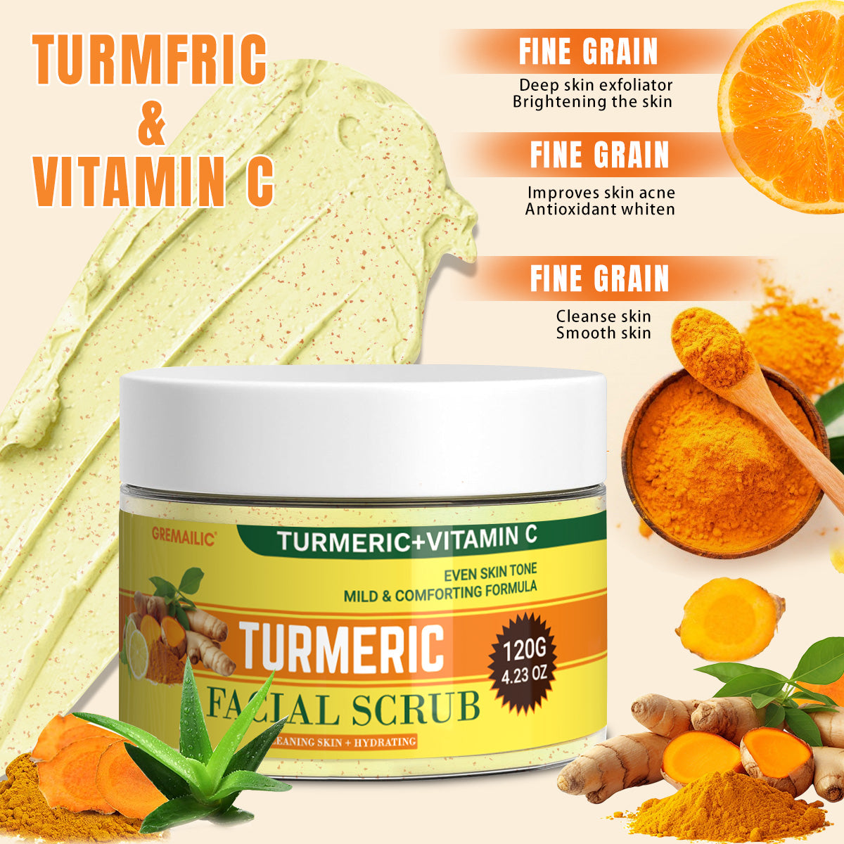 GREMAILIC Turmeric Vitamin C Facial Sea Salt Scrub Cream Organics Microdermabrasion Facial Scrub Exfoliating Clears Blackheads Improve Dark Spot Acne with Aloe leaf Extract 120g/4.23oz