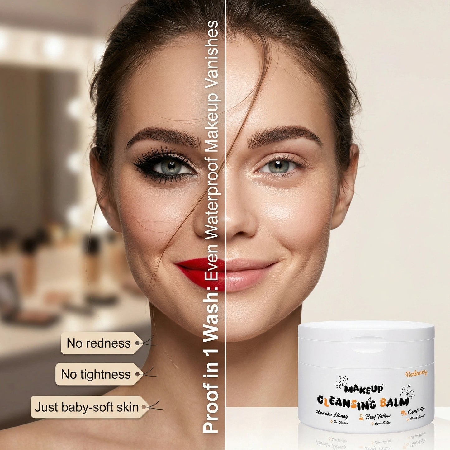 Berlaney Cleansing Balm - Waterproof Makeup Remover, Pore Cleansing (Washes Residue), Non-Greasy & No Tightness, Gentle for Sensitive/All Skin