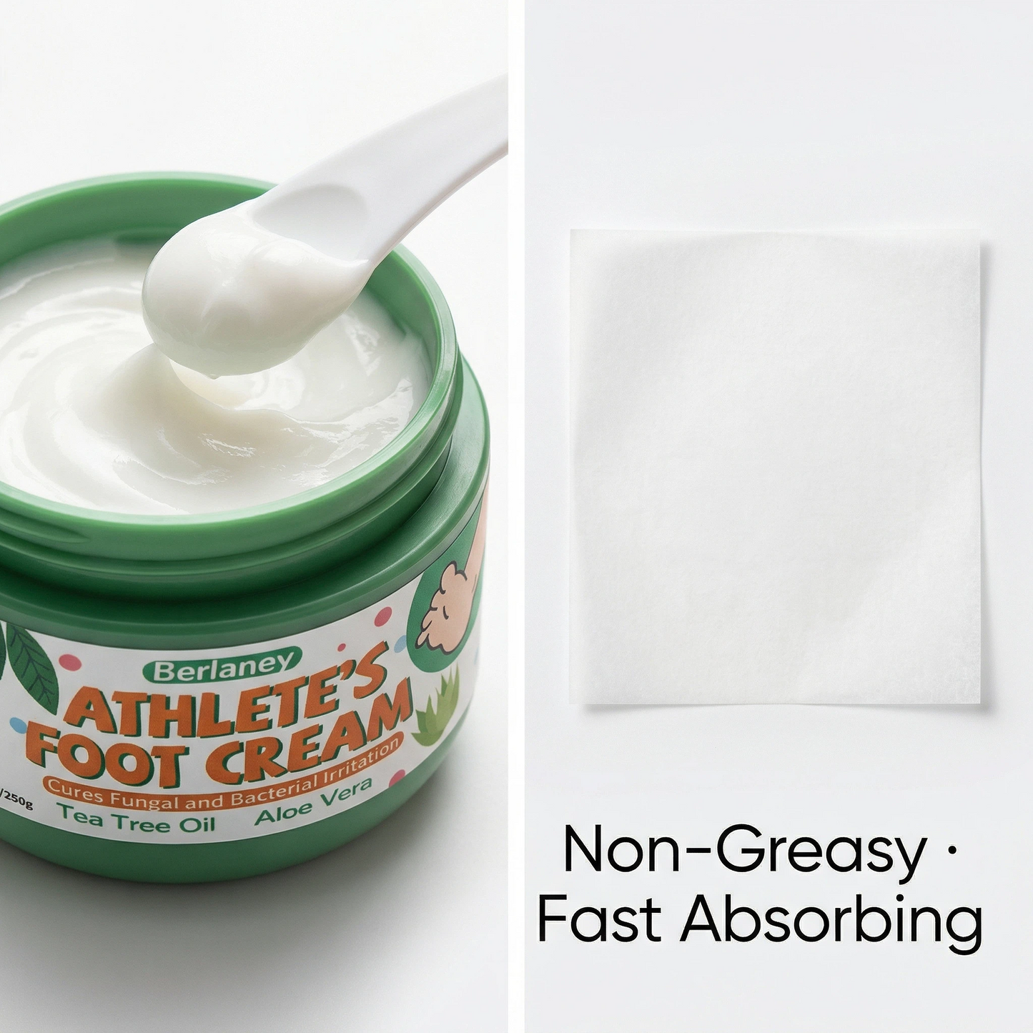 Berlaney Athlete Foot Cream - Tea Tree & Aloe, Itch & Fungal Relief, Dry Cracked Heel Repair, 8.82oz