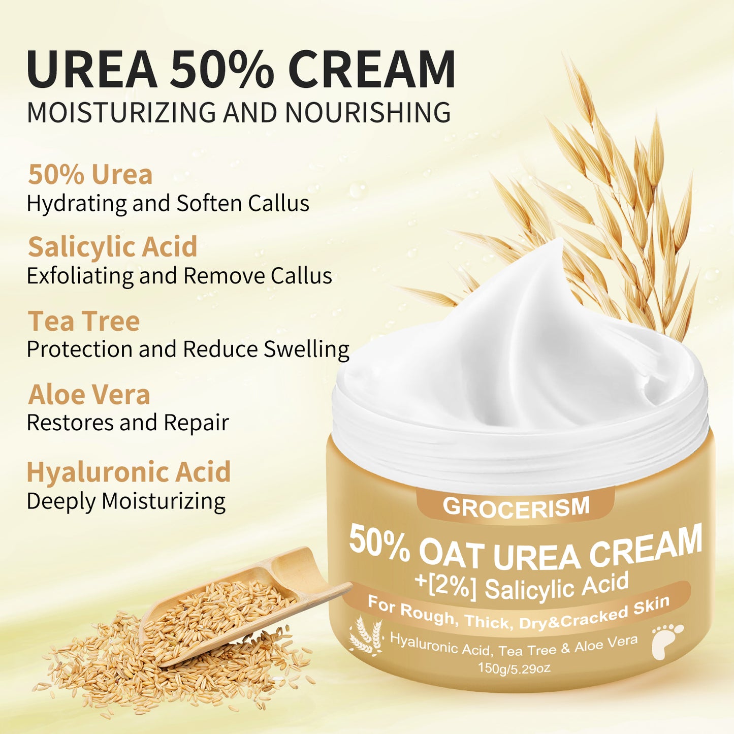 50% Urea Cream for Feet Maximum Strength (with oats and 2% salicylic acid), foot and hand cream with hyaluronic acid, tea tree and aloe vera for deep moisturizing and callus removal