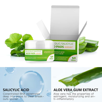 Grocerism 20% Glycolic Acid Pads with 2% Salicylic Acid, Hyaluronic Acid & Aloe Vera - Facial Exfoliating Pads for Deep Cleaning - 50 Count