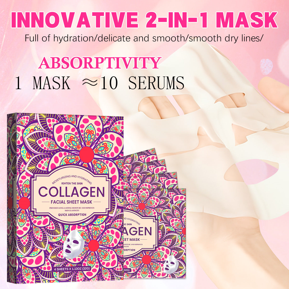 Grocerism Collagen Mask, Firming Daily Face Mask with Collagen Peptides for Anti-Aging, Helps to Minimize Wrinkles, Restores Skin Elasticity & Firmness, Hydrating 32g x4ea