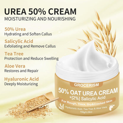Grocerism 50% Oat-Urea Cream with Hyaluronic Acid & Aloe Vera - Intensive Repair for Foot & Hand, Hydrates, Removes Calluses & Heals Cracked Heels - 5.29oz