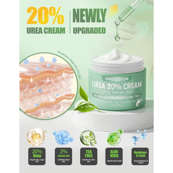 Urea Cream 20 Percent For Feet Plus Salicylic Acid 5.29 oz || Foot Cream and Hand Cream, with Hyaluronic Acid, Tea Tree, and Aloe Vera, Callus Remover and Cracked Heel Repair Care