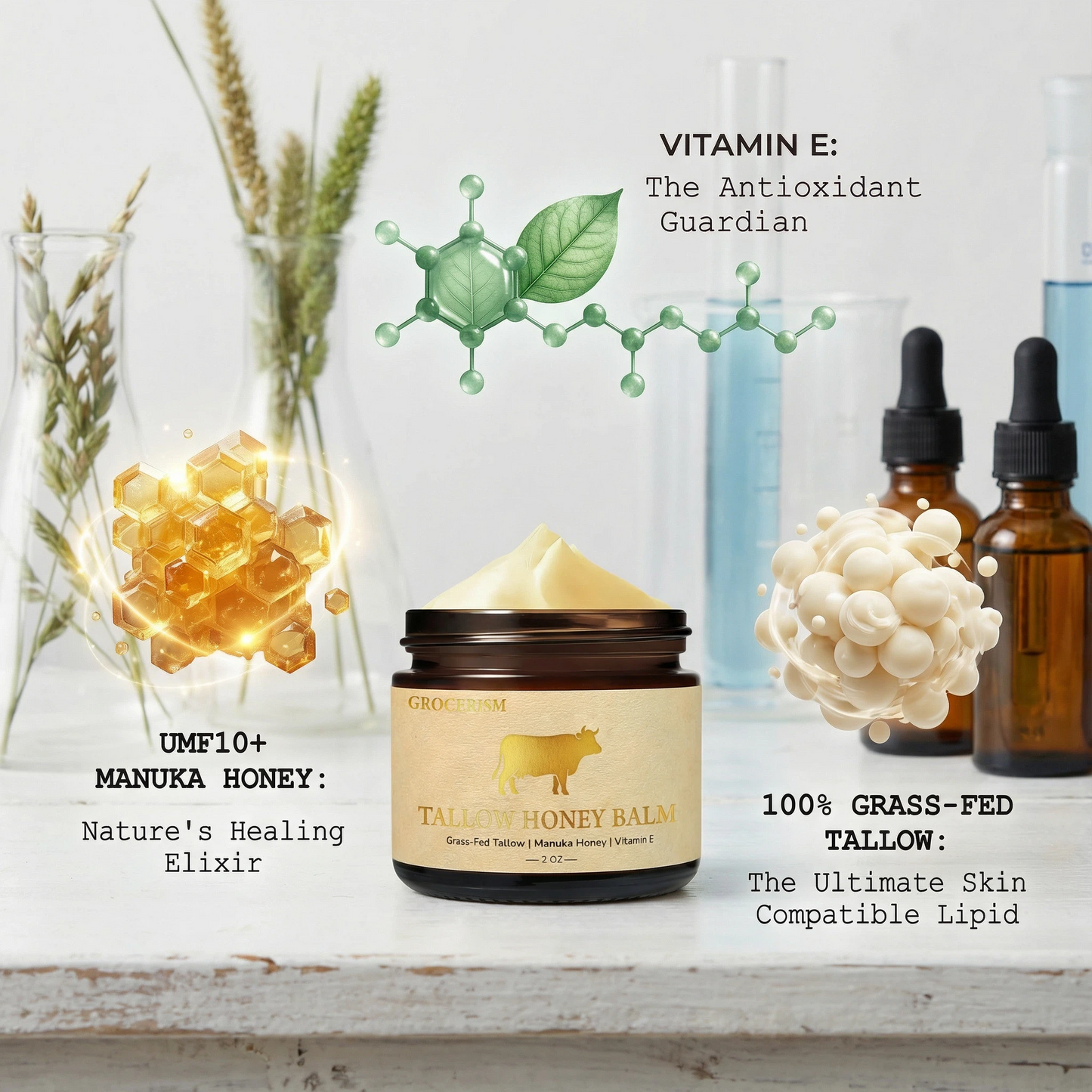Grocerism Grass-Fed Tallow Balm - Organic Multi-Purpose Face & Body Butter for Sensitive Skin - Non-Greasy, Non-Comedogenic (2oz)