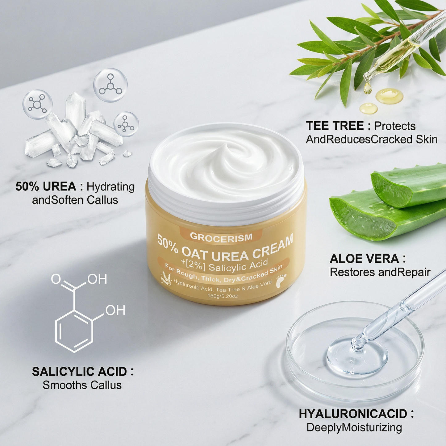 Urea Cream 50 Percent for Feet with Oat 5.29 oz || Foot & Hand Cream Maximum Strength with 2% Salicylic Acid, Tea Tree and Aloe Vera for Deep Moisturizing and Callus Removing (Upgraded Formula)