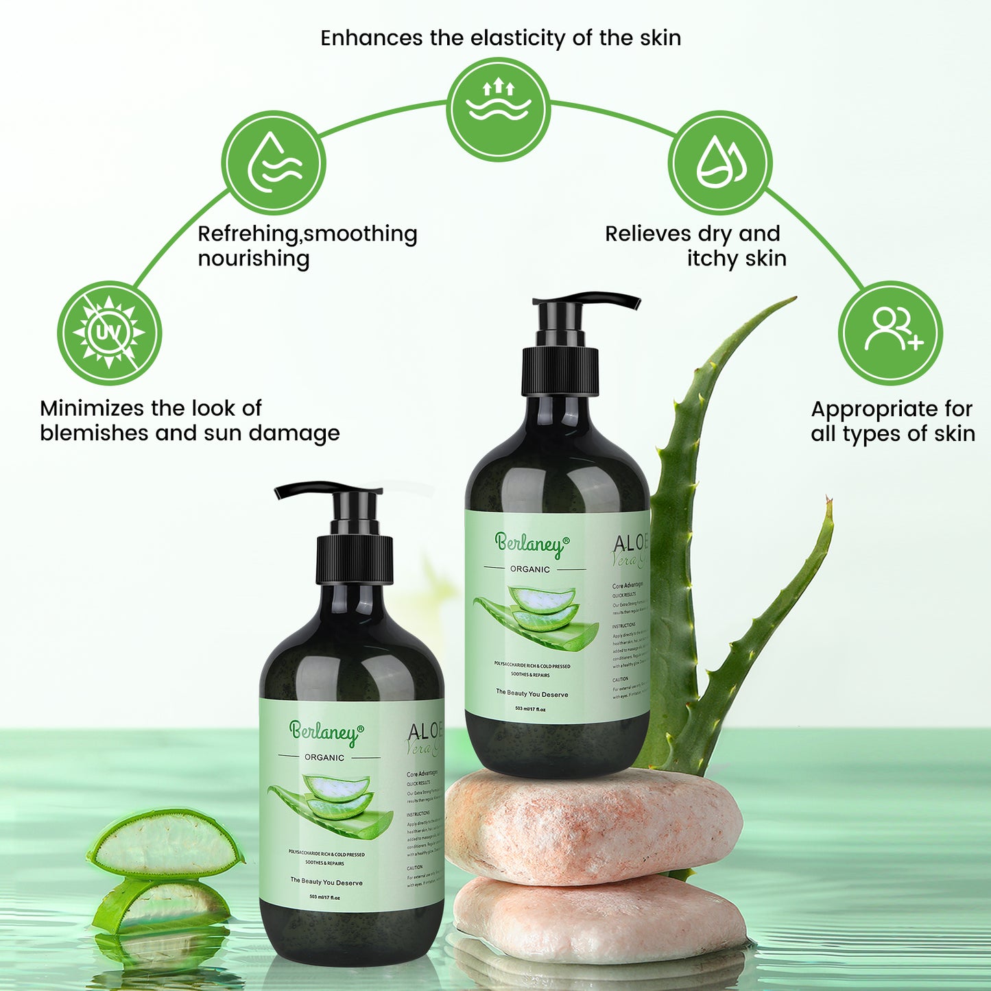 Aloe Vera Gel - 99% Pure Organic - Soothes sunburn and hydrates face, body, scalp and hair - Calms and moisturizes after sun exposure
