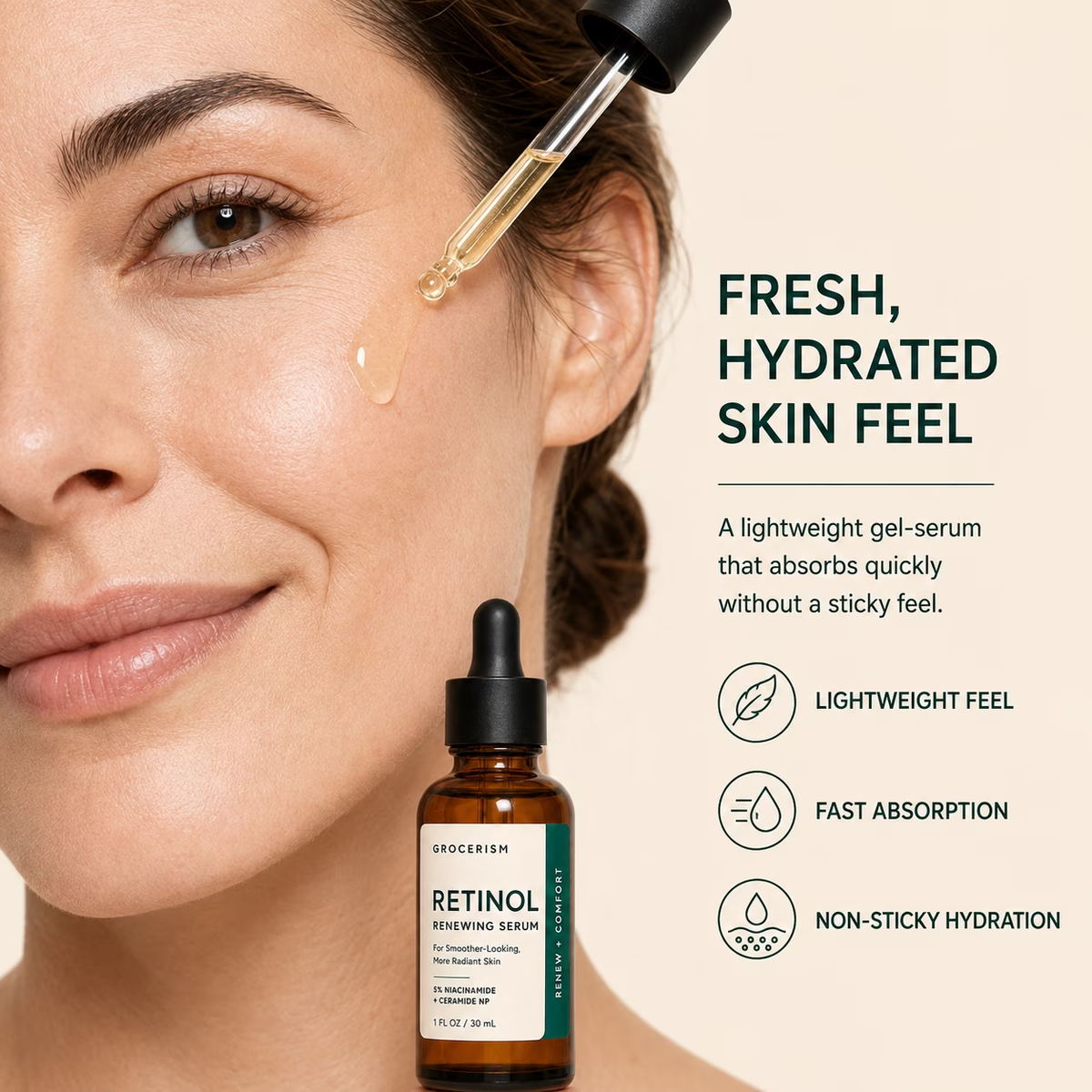 Retinol Renewing Serum for Face, 5% Niacinamide with Ceramide NP & Squalane, Hydrating Anti‑Aging Facial Serum for Fine Lines & Dull Skin 1 fl oz