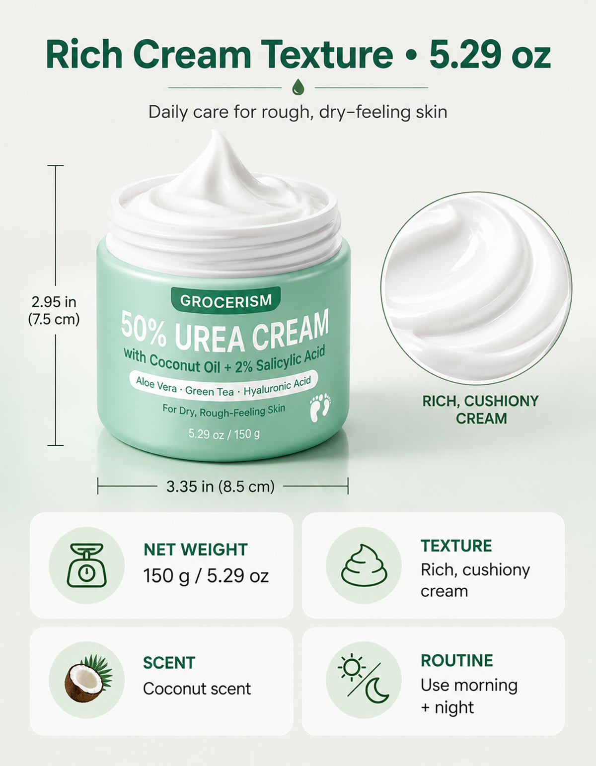 Grocerism 50% Urea Cream 2% Salicylic Acid, Max Strength Hand & Foot Repair Cream for Rough Cracked Skin, Non‑Greasy Coconut Formula, 5.29 oz