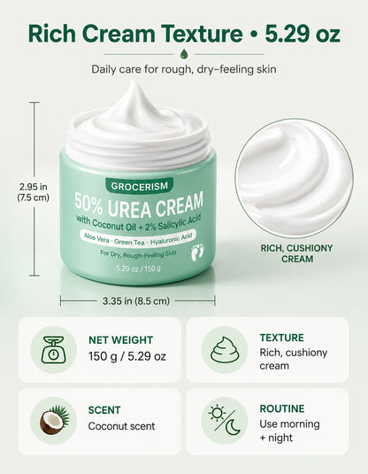 Grocerism 50% Urea Cream 2% Salicylic Acid, Max Strength Hand & Foot Repair Cream for Rough Cracked Skin, Non‑Greasy Coconut Formula, 5.29 oz