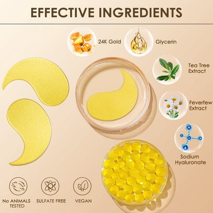 2PCS-24K Gold Eye Mask Collagen Eye Mask Patches for Hydrating and Firming, Reduce Fine Line, Eye Bags, Wrinkles and Dark Circles