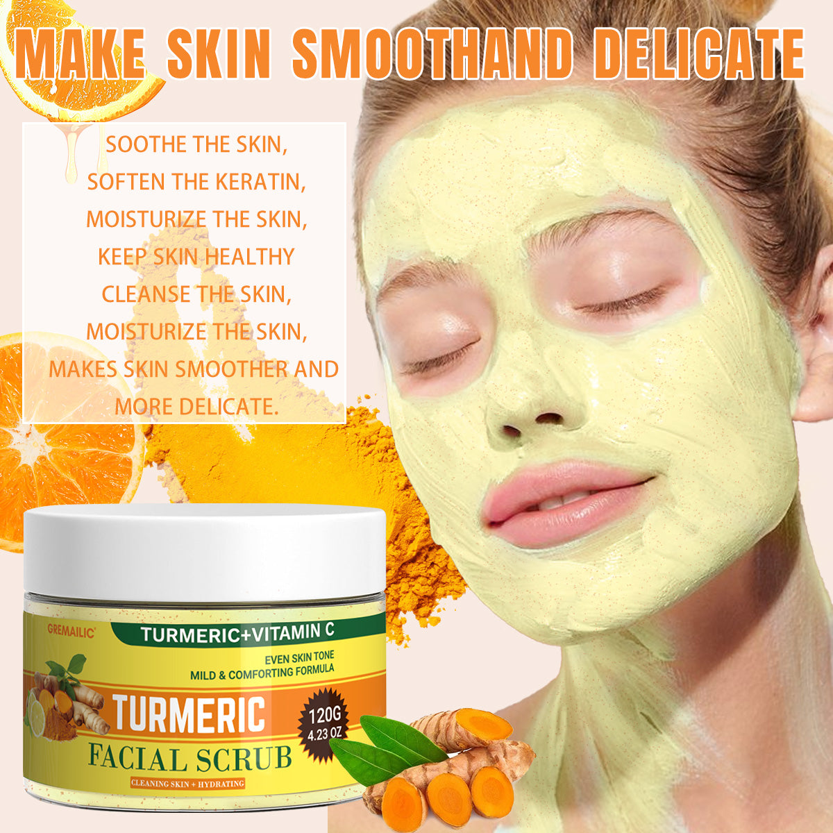GREMAILIC Turmeric Vitamin C Facial Sea Salt Scrub Cream Organics Microdermabrasion Facial Scrub Exfoliating Clears Blackheads Improve Dark Spot Acne with Aloe leaf Extract 120g/4.23oz