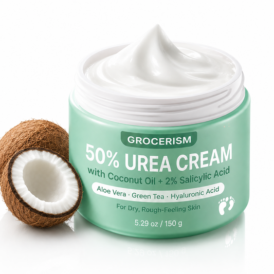 Grocerism 50% Urea Cream 2% Salicylic Acid, Max Strength Hand & Foot Repair Cream for Rough Cracked Skin, Non‑Greasy Coconut Formula, 5.29 oz