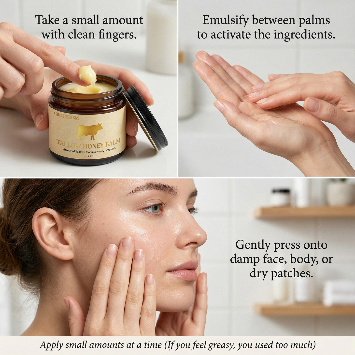 Grocerism Grass-Fed Tallow Balm - Organic Multi-Purpose Face & Body Butter for Sensitive Skin - Non-Greasy, Non-Comedogenic (2oz)