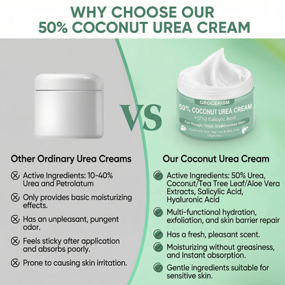 Grocerism 50% Coconut Urea + 2% Salicylic Acid Cream - Callus Removing & Crack Healing for Feet & Hands - Foot & Hand Cream - 5.29oz